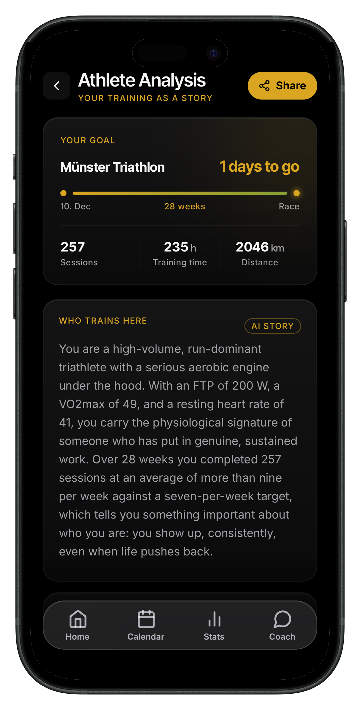 Athlete profile with training history, VO2max, FTP and phases to race day