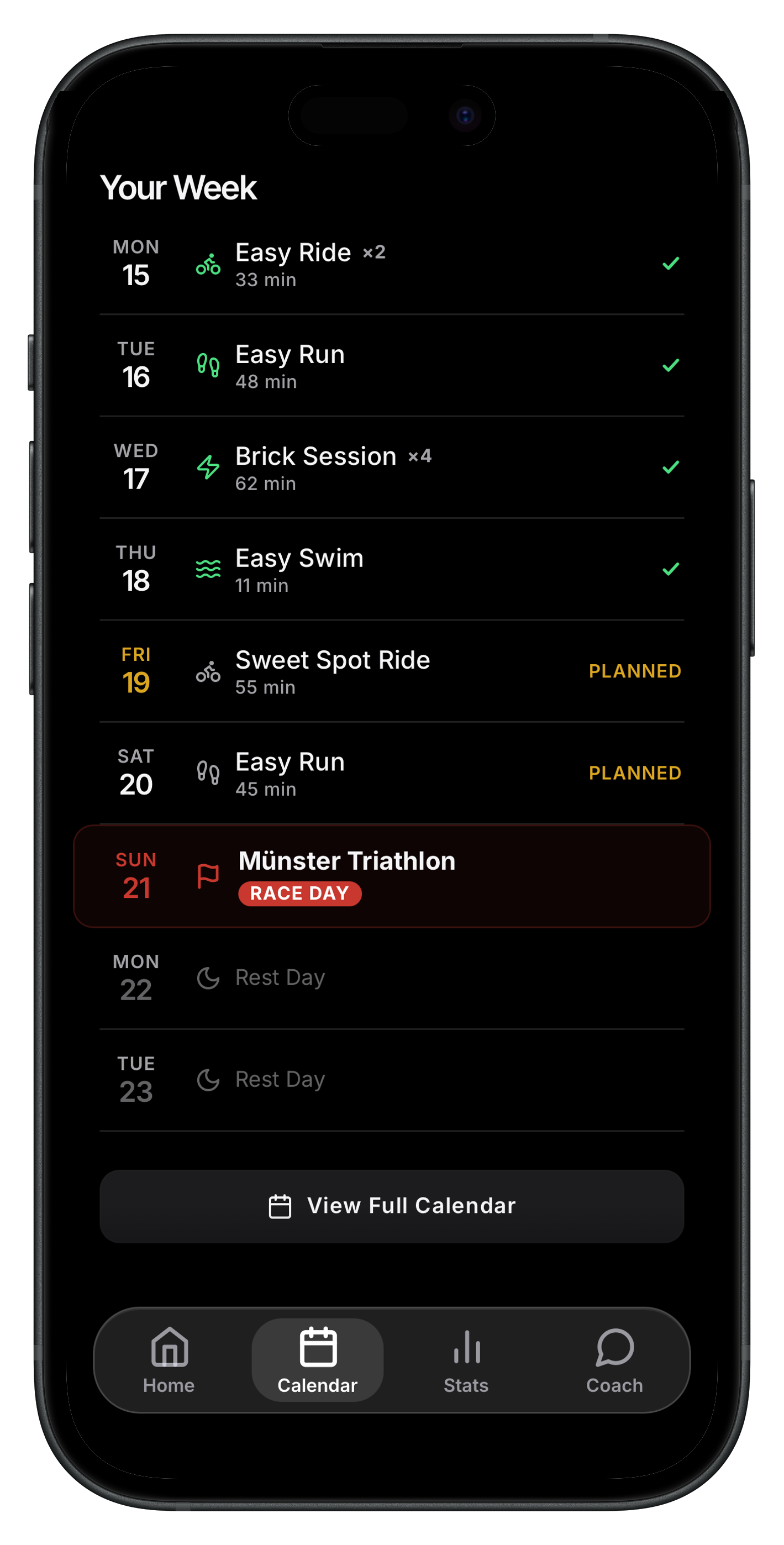 Calendar from Monday to race day, every session sorted with duration and status